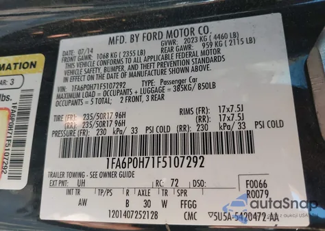 2015 Ford Fusion Se z USA, uszkodzony, nr VIN 1FA6P0H71F5107292